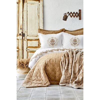 Набор постельное белье с покрывалом + плед Chester bej бежевый Karaca Home